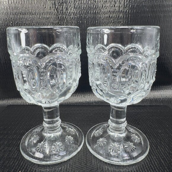 Antique Moon and Stars Palace Clear Goblet Cups Stems Set 2 Manganese 365nm UV - Picture 3 of 11